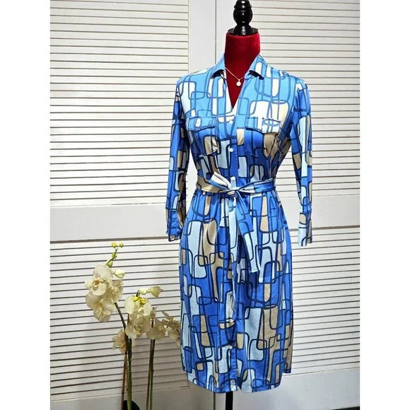 J. McLaughlin Women's Blue / Beige Geometric Pattern Button-Front Dress Sz S 204 - Picture 1 of 12